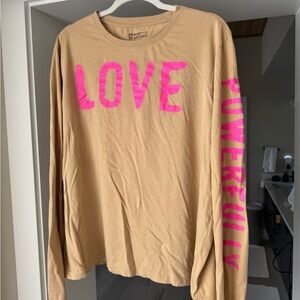 Good Man Brand Women’s Tan Long Sleeve Shirt with Pink Lettering